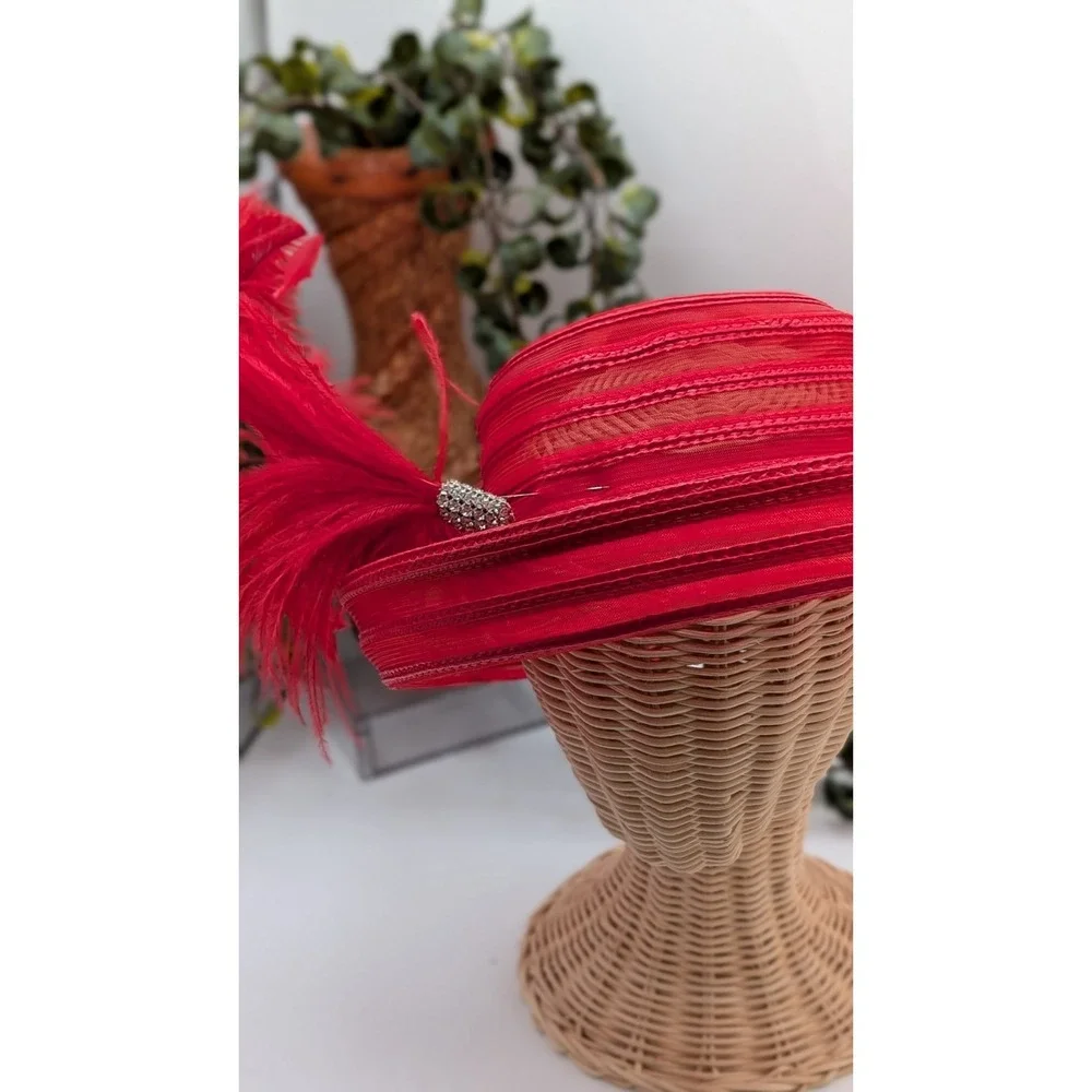 Red Church Stylish Dress Hat Feather Rhinestone Wide Brim Derby Wedding Formal